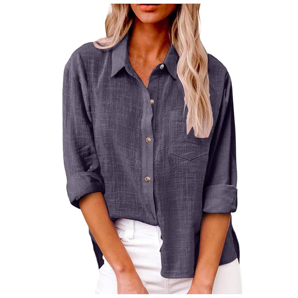 Linen Shirts for Women Summer Long Sleeve Lapel Button Down